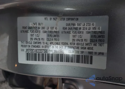 2012 Mazda Cx-9 Touring из США, поврежденный, VIN JM3TB3CV8C0337396